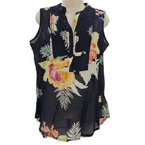 Magazine Womans size M Sleeveless Lightweight Cotton Floral Tank Top Black NEW